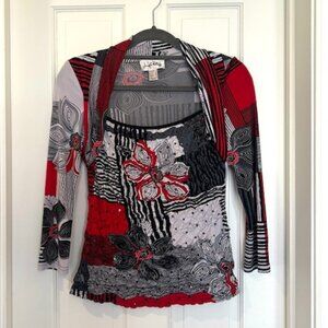 Joseph Ribkoff Printed Top – Black/Red/White – Sequin Detail – Size 8